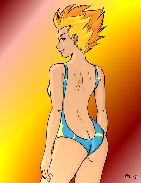 Size: 1041x1347 | Tagged: artist:megasweet, artist:trelwin, ass, bedroom eyes, breasts, buttcrack, clothes, derpibooru import, female, firebutt, grin, human, humanized, looking at you, looking back, one-piece swimsuit, open-back swimsuit, sling bikini, smiling, smirk, solo, solo female, spitfire, stupid sexy spitfire, suggestive, swimsuit