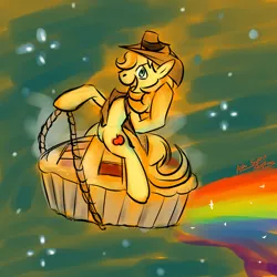 Size: 500x500 | Tagged: artist:spiritfroc, braeburn, derpibooru import, pie, rainbow, riding, safe, source needed