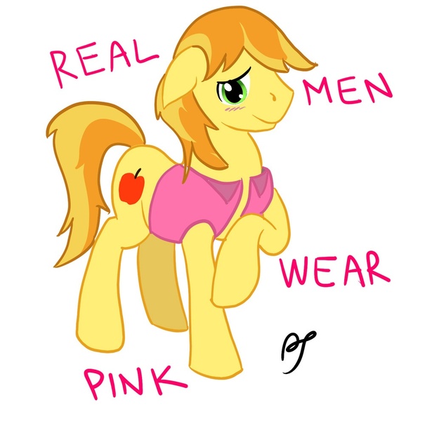 Size: 1000x992 | Tagged: artist:postscripting, blushing, braeburn, clothes, derpibooru import, floppy ears, pink, safe, shirt, solo