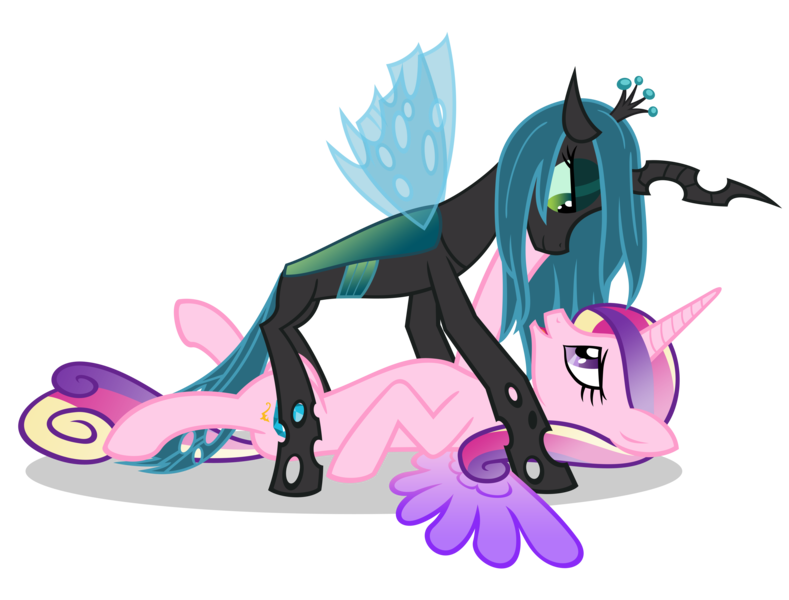 Size: 6575x5000 | Tagged: suggestive, artist:3luk, derpibooru import, princess cadance, queen chrysalis, alicorn, changeling, changeling queen, pony, absurd resolution, bedroom eyes, cadalis, colored wings, duo, female, gradient wings, infidelity, lesbian, mare, on back, shipping