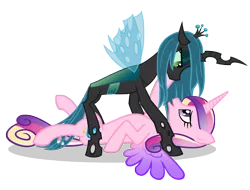 Size: 6575x5000 | Tagged: suggestive, artist:3luk, derpibooru import, princess cadance, queen chrysalis, alicorn, changeling, changeling queen, pony, absurd resolution, bedroom eyes, cadalis, colored wings, duo, female, gradient wings, infidelity, lesbian, mare, on back, shipping