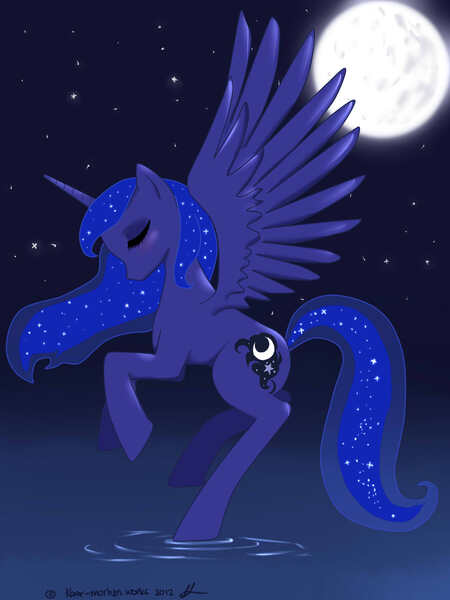 Size: 1200x1600 | Tagged: artist:kaer-morhen, derpibooru import, eyes closed, moon, night, princess luna, safe, solo, water