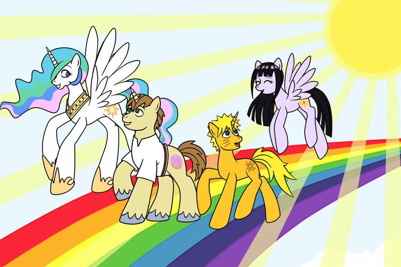 Size: 900x600 | Tagged: artist:m2cool, crossover, derpibooru import, donut joe, donutlestia, female, hyuuga hinata, joelestia, male, naruto, ponified, princess celestia, safe, shipping, straight, uzumaki naruto