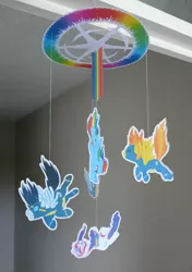 Size: 600x854 | Tagged: safe, artist:muffinshire, derpibooru import, misty fly, rainbow dash, rarity, soarin', spitfire, sonic rainboom (episode), chandelier, craft, custom, falling, irl, mobile, papercraft, photo, scene interpretation, sonic rainboom