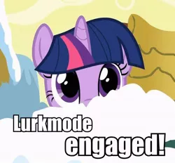 Size: 600x556 | Tagged: safe, derpibooru import, edit, edited screencap, screencap, twilight sparkle, pony, unicorn, winter wrap up, female, image macro, lurking, mare, reaction image, solo, text, unicorn twilight