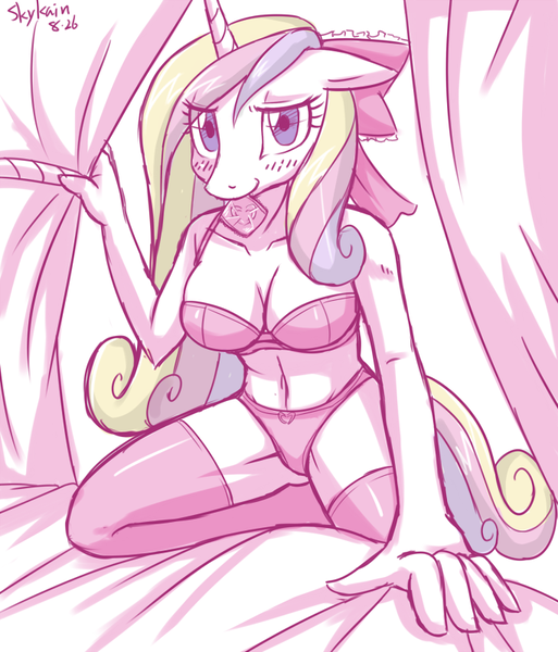 Size: 684x800 | Tagged: anthro, artist:skykain, bedroom eyes, blushing, breasts, busty princess cadance, clothes, condom, condom in mouth, derpibooru import, female, lingerie, mouth hold, panties, princess cadance, smiling, solo, solo female, stockings, suggestive, underwear