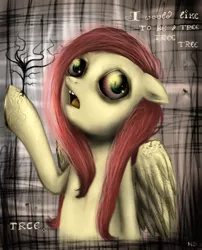 Size: 890x1100 | Tagged: artist:klalaskaxd, creepy, derpibooru import, fluttershy, fluttertree, grimdark, i'd like to be a tree