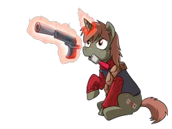 Size: 2000x1500 | Tagged: artist:madmax, chemicals, derpibooru import, drugs, fallout equestria, fallout equestria: anywhere but here, fanfic art, gun, handgun, levitation, magic, male, oc, oc:double tap, pistol, safe, scar, simple background, solo, stallion, telekinesis, transparent background, unofficial characters only