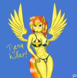 Size: 934x951 | Tagged: abs, anthro, artist:tunderi, bedroom eyes, belly button, bikini, breasts, busty spitfire, cleavage, clothes, derpibooru import, female, nail polish, solo, solo female, spitfire, stupid sexy spitfire, suggestive, swedish, swedish flag, swimsuit