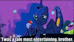 Size: 960x540 | Tagged: apple, caption, cool story bro, derpibooru import, image macro, meme, nightmare night, princess luna, reaction image, safe