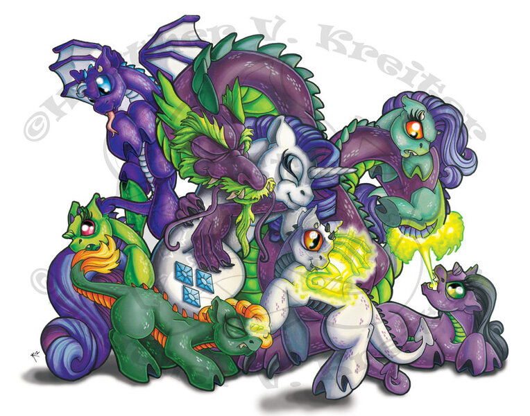 Size: 900x707 | Tagged: safe, artist:shamansoulstudios, derpibooru import, rarity, spike, oc, dracony, hybrid, original species, dragicorn, family, female, interspecies, interspecies offspring, male, offspring, older, older spike, parent:rarity, parent:spike, parents:sparity, shipping, sparity, straight