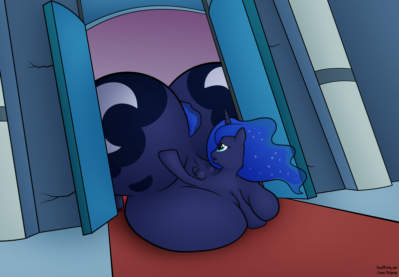 Size: 1280x890 | Tagged: artist:jesseorange, belly, derpibooru import, fat, impossibly large butt, moonbutt, plot, princess luna, princess moonpig, safe, series:absurdly huge luna's life, stuck