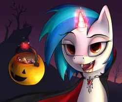 Size: 2000x1669 | Tagged: dead source, safe, artist:dazko, derpibooru import, vinyl scratch, pony, unicorn, vampire, vampony, bedroom eyes, blood, candy, cape, clothes, costume, fake blood, fangs, female, glowing horn, halloween, horn, kitchen eyes, levitation, licking lips, looking at you, magic, mare, night, nightmare night, open mouth, pumpkin bucket, red eyes, ruby, solo, telekinesis, trick or treat, vinyl the vampire