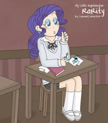 Size: 550x627 | Tagged: artist:caramelcookie, book, clothes, derpibooru import, ear piercing, earring, female, human, humanized, jewelry, nail polish, piercing, rarity, safe, schoolgirl, skirt, solo
