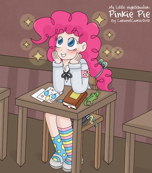 Size: 550x627 | Tagged: artist:caramelcookie, clothes, derpibooru import, female, human, humanized, mismatched socks, pinkie pie, safe, schoolgirl, skirt, socks, solo