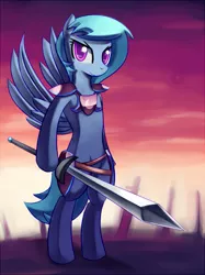 Size: 597x800 | Tagged: safe, artist:negativefox, derpibooru import, oc, unofficial characters only, pony, armor, bipedal, sword, unconvincing armor, weapon