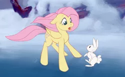 Size: 1000x617 | Tagged: safe, artist:rollingrabbit, derpibooru import, angel bunny, fluttershy, pegasus, pony, rabbit, bambi, disney, duo, female, ice, male, mare, parody, snow, style emulation, winter