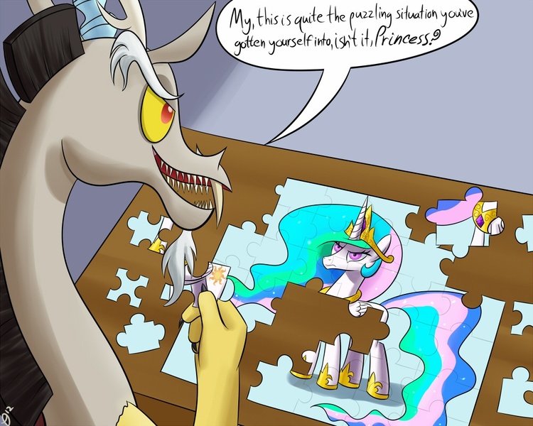 Size: 1000x800 | Tagged: angry, artist:paradigmpizza, celestia is not amused, derpibooru import, discord, discord being discord, fangs, frown, glare, glarelestia, inanimate tf, princess celestia, pun, puzzle, safe, smiling, speech bubble, this will end in pain, this will end in petrification, transformation