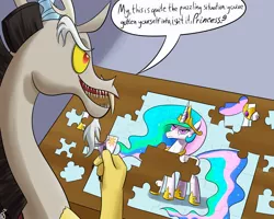 Size: 1000x800 | Tagged: angry, artist:paradigmpizza, celestia is not amused, derpibooru import, discord, discord being discord, fangs, frown, glare, glarelestia, inanimate tf, princess celestia, pun, puzzle, safe, smiling, speech bubble, this will end in pain, this will end in petrification, transformation