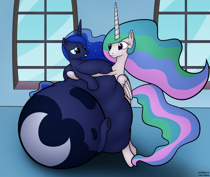 Size: 1280x1078 | Tagged: artist:jesseorange, belly, derpibooru import, fat, hug, impossibly large belly, impossibly large butt, moonbutt, morbidly obese, obese, plot, princess celestia, princess luna, princess moonpig, questionable, series:absurdly huge luna's life, squishy