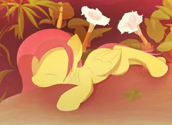 Size: 2000x1450 | Tagged: safe, artist:snickersoid, derpibooru import, fluttershy, pegasus, pony, clover, eyes closed, female, flower, folded wings, four leaf clover, mare, moonflower, outdoors, prone, solo, stray strand, wings