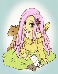 Size: 600x769 | Tagged: angel bunny, artist:christinies, clothes, deer, derpibooru import, female, fluttershy, human, humanized, long skirt, looking at you, ponibooru import, safe, skirt, solo, squirrel, sweater, sweatershy, winged humanization