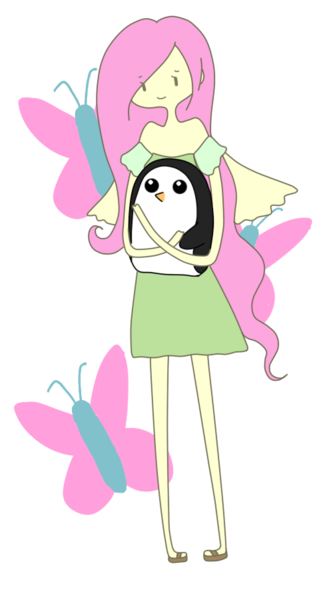 Size: 485x900 | Tagged: adventure time, artist:giraffewizardry, clothes, crossover, cutie mark background, derpibooru import, dress, female, fluttershy, gunther, human, humanized, penguin, safe, simple background, skinny, style emulation, transparent background, winged humanization, wings