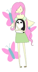 Size: 485x900 | Tagged: adventure time, artist:giraffewizardry, clothes, crossover, cutie mark background, derpibooru import, dress, female, fluttershy, gunther, human, humanized, penguin, safe, simple background, skinny, style emulation, transparent background, winged humanization, wings