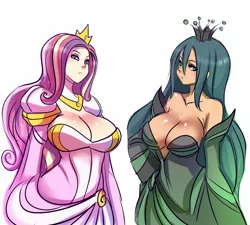 Size: 1500x1352 | Tagged: suggestive, artist:maniacpaint, derpibooru import, princess cadance, queen chrysalis, human, breasts, busty princess cadance, busty queen chrysalis, cleavage, curvy, female, females only, humanized