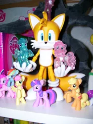 Size: 900x1200 | Tagged: safe, artist:chromadancer, derpibooru import, applejack, fluttershy, pinkie pie, rainbow dash, rarity, twilight sparkle, pony, crossover, irl, mane six, miles "tails" prower, photo, sonic the hedgehog (series), toy