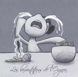 Size: 933x918 | Tagged: artist:hollowzero, crying, derpibooru import, food, french, grayscale, nose in the air, ocular gushers, onion, rarity, safe