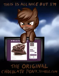 Size: 783x996 | Tagged: artist needed, safe, derpibooru import, ponified, chocolate pony, food pony, original species, pony, 30 minute art challenge, blushing, food, solo