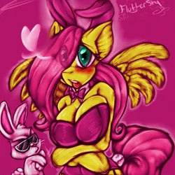 Size: 800x800 | Tagged: angel bunny, anthro, artist:alexaxes, breasts, bunnyshy, bunny suit, busty fluttershy, clothes, costume, derpibooru import, female, fluttershy, leotard, suggestive, sunglasses, swag, wingboner