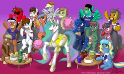 Size: 2000x1200 | Tagged: safe, artist:johnjoseco, derpibooru import, derpy hooves, princess celestia, princess luna, rainbow dash, oc, oc:binary cloud, oc:broadcaster, oc:clair, oc:d-pad, oc:detective leads, oc:gold rush, oc:odyssey eurobeat, oc:overhall, oc:professor venture, oc:rocketeer, oc:spark firebrand, oc:tidal wave, pegasus, pony, american football, cheerleader, eurobeat brony, female, foam finger, group, mare, new england patriots, odyssey eurobeat, slugbox, super bowl