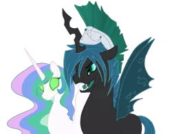 Size: 1600x1246 | Tagged: source needed, useless source url, safe, artist:wolfsknight, derpibooru import, princess celestia, queen chrysalis, alicorn, changeling, pony, changeling king, king metamorphosis, mind control, rule 63, simple background, transparent background