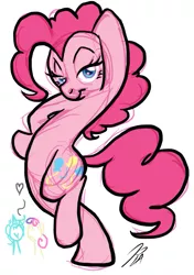 Size: 437x620 | Tagged: suggestive, artist:rannva, derpibooru import, bon bon, lyra heartstrings, pinkie pie, sweetie drops, earth pony, pony, unicorn, bipedal, female, floating heart, heart, looking at you, mare, solo focus