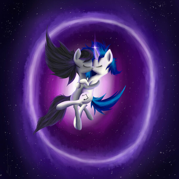 Size: 900x900 | Tagged: safe, artist:manearion, derpibooru import, octavia melody, vinyl scratch, female, kissing, lesbian, scratchtavia, shipping, space