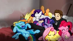 Size: 1366x768 | Tagged: safe, artist:jameson9101322, derpibooru import, applejack, fluttershy, pinkie pie, rainbow dash, rarity, twilight sparkle, human, pony, fanfic, crossover, dresden files, fanfic art, harry dresden, mane six, pony pile, sleeping