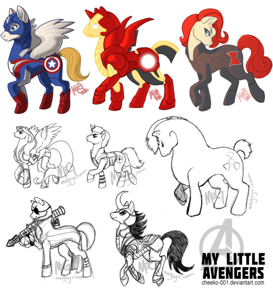 Size: 1024x1098 | Tagged: artist:megsyv, avengers, black widow (marvel), bruce banner, captain america, captain equestria, derpibooru import, hawkeye, loki, nick fury, ponified, safe, s.h.i.e.l.d., steve rogers, the incredible hulk, thor, tony stark