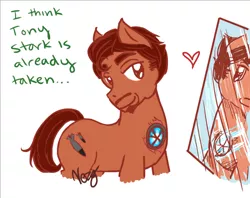 Size: 700x553 | Tagged: dead source, safe, artist:vergoftowels, derpibooru import, ponified, pony, dialogue, heart, iron man, mirror, simple background, solo, tony stark, white background