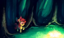 Size: 1920x1131 | Tagged: apple bloom, artist:chimicherrychonga, dead source, derpibooru import, everfree forest, flower, glow, safe, solo