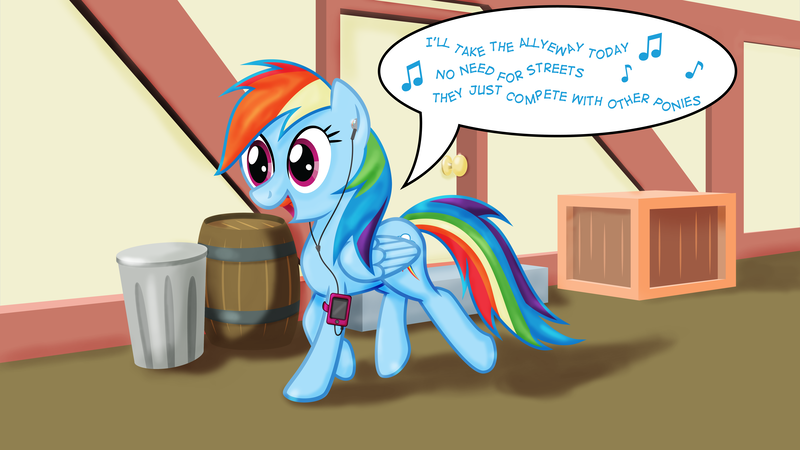 Size: 8000x4500 | Tagged: absurd resolution, artist:justablankflank, derpibooru import, hey ocean, hey ocean!, ipod, rainbow dash, safe, singing, solo, voice actor joke