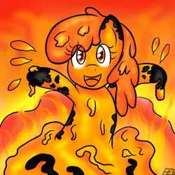 Size: 900x900 | Tagged: artist:freefraq, cute, derpibooru import, goo pony, happy, lava, lava bathing, lava pony, looking at you, monster, monster pony, obsidian, oc, open mouth, original species, safe, smiling, unofficial characters only