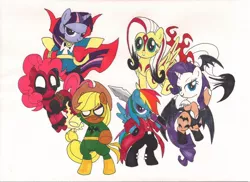 Size: 900x654 | Tagged: amaterasu, applejack, artist:xarazel, crossover, dante (devil may cry), darkstalkers, deadpool, derpibooru import, devil may cry, devil may cry 3, doctor strange, fluttershy, iron fist, mane six, morrigan aensland, okami, pinkie pie, rainbow dash, rarity, safe, twilight sparkle, ultimate marvel vs capcom 3