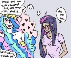 Size: 443x363 | Tagged: artist:connie-lingus, bedroom eyes, breasts, curved horn, derpibooru import, female, grin, hair over one eye, heart, horn, horned humanization, humanized, lesbian, princess celestia, shipping, smiling, suggestive, thought bubble, twilestia, twilight sparkle