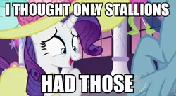 Size: 844x461 | Tagged: suggestive, derpibooru import, edit, edited screencap, screencap, rainbow dash, rarity, pony, unicorn, sweet and elite, caption, female, image macro, implied futa, implied futa rainbow dash, implied futadash, implied penis, mare, the hub