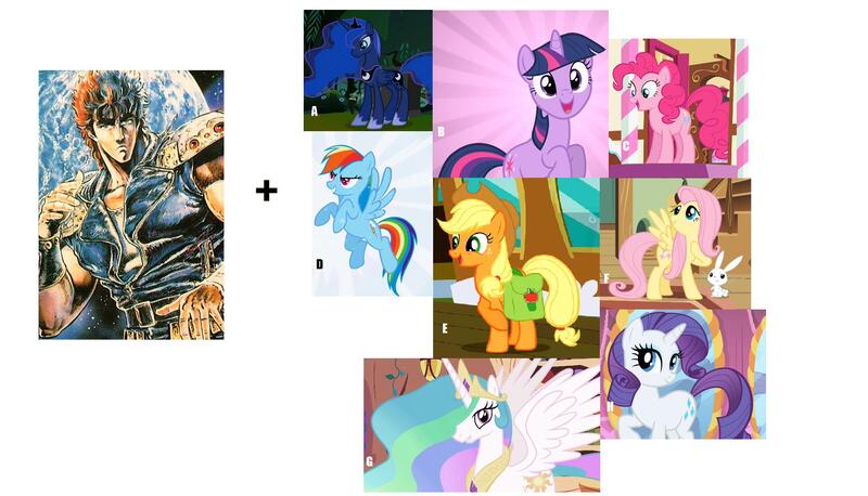 Size: 1864x1066 | Tagged: safe, derpibooru import, applejack, fluttershy, pinkie pie, princess celestia, princess luna, rainbow dash, rarity, twilight sparkle, human, pony, crossover shipping, female, hokuto no ken, kenshiro, male, meta, shipping, straight, you decide