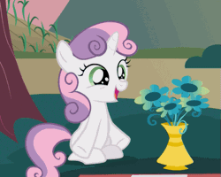 Size: 501x400 | Tagged: animated, cropped, derpibooru import, flower, hearts and hooves day, hearts and hooves day (episode), loop, safe, screencap, sitting, solo, sweetie belle, talking, vase, waving