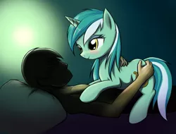 Size: 1207x918 | Tagged: suggestive, artist:fajeh, derpibooru import, lyra heartstrings, oc, oc:anon, human, pony, unicorn, accidentally featured on eqd, adorasexy, bed, bedroom, bedroom eyes, blushing, cowgirl position, cuddling, cute, faceless male, female, hand on butt, hidden eyes, human male, human male on mare, human on pony action, human on pony snuggling, humie, implied sex, interspecies, looking at each other, lyrabetes, male, mare, on back, on top, prone, sexy, smiling, snuggling, straight