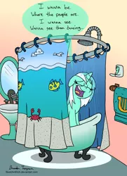 Size: 1280x1771 | Tagged: artist:sketchinetch, bathtub, claw foot bathtub, derpibooru import, dialogue, human lovers, lyra heartstrings, mirror, parody, part of your world, safe, sea pony, shower, singing, singing in the shower, solo, the little mermaid, towel, wet mane